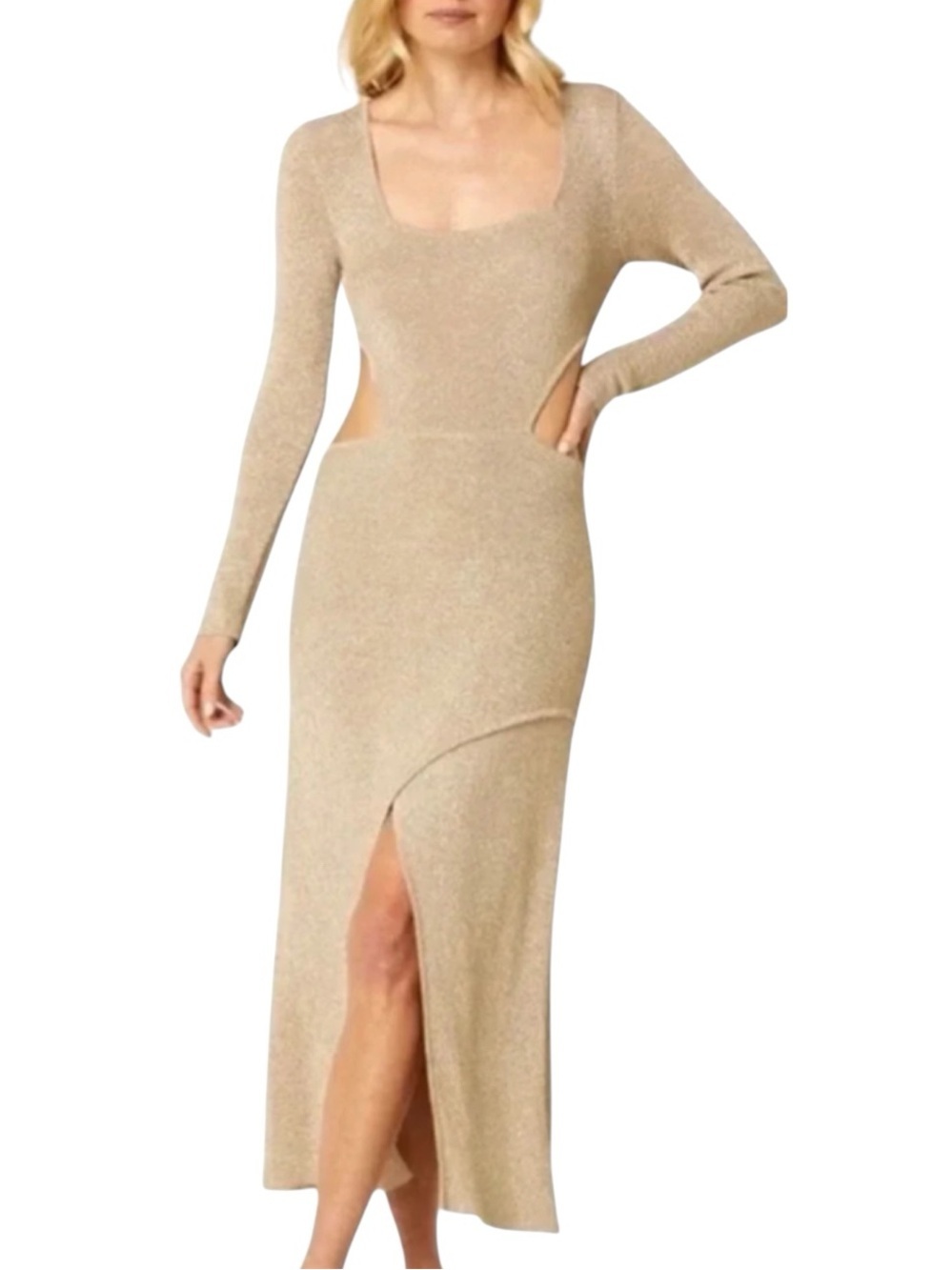 MISA Los Angeles Minka Cutout Gold Metallic Knit Midi Dress Size XS NWT